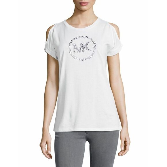 New! MICHAEL KORS Women's MK Circle Logo Cold-Shoulder Top Blouse Color White - Picture 5 of 7